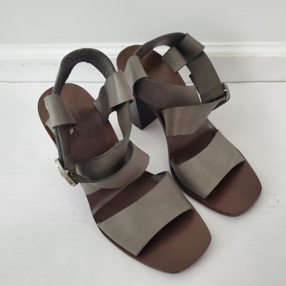 Boemos Italy Block Heel Sandals Eu Size 40 Us 9.5 Dark Gray Leather Square Toe - Picture 2 of 13